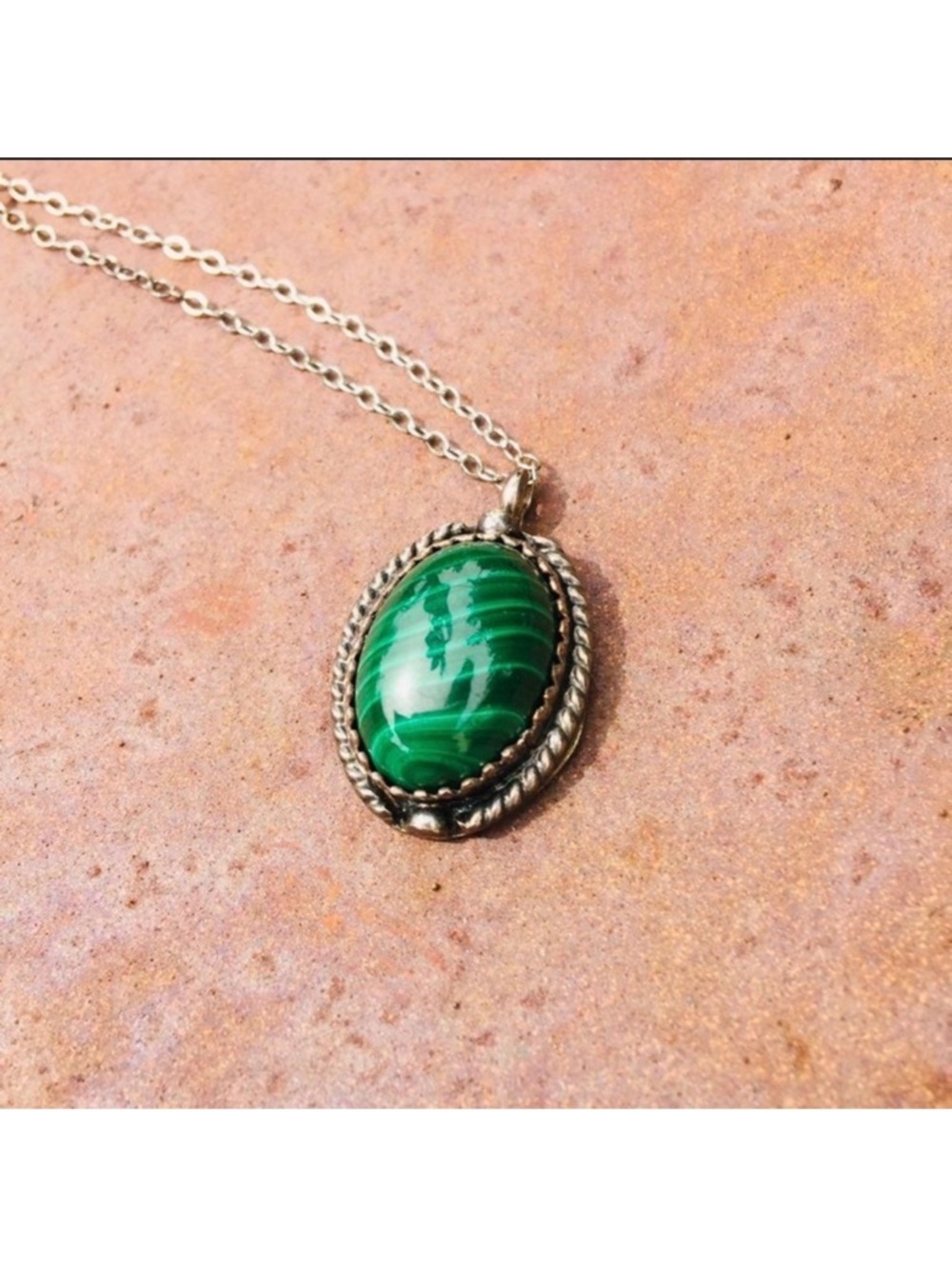Vintage Handmade Malachite Sterling Silver Pendant Necklace 925 Green Stone